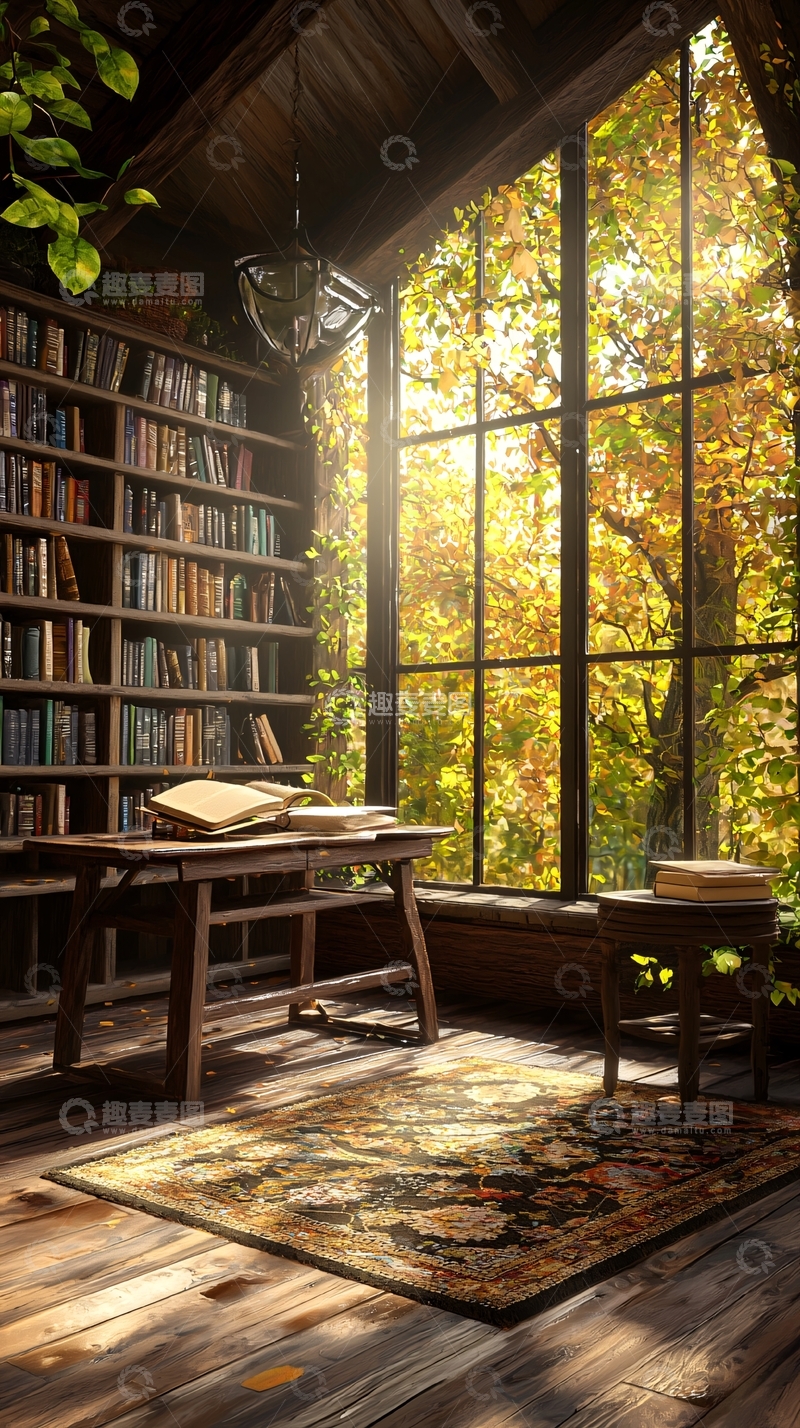 高清大图下载【趣麦麦图】秋日阳光下的书房