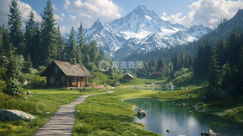 高清大图下载【趣麦麦图】雪山下的木屋