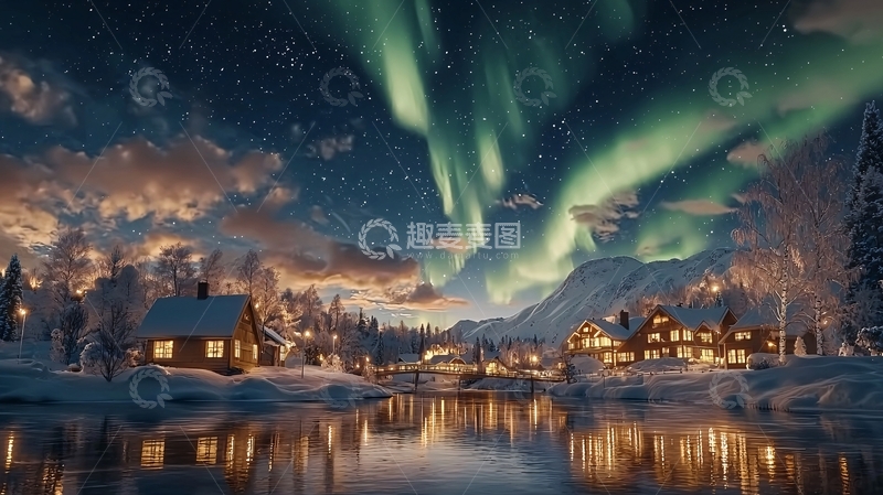 高清大图下载【趣麦麦图】宁静雪夜小镇极光景色