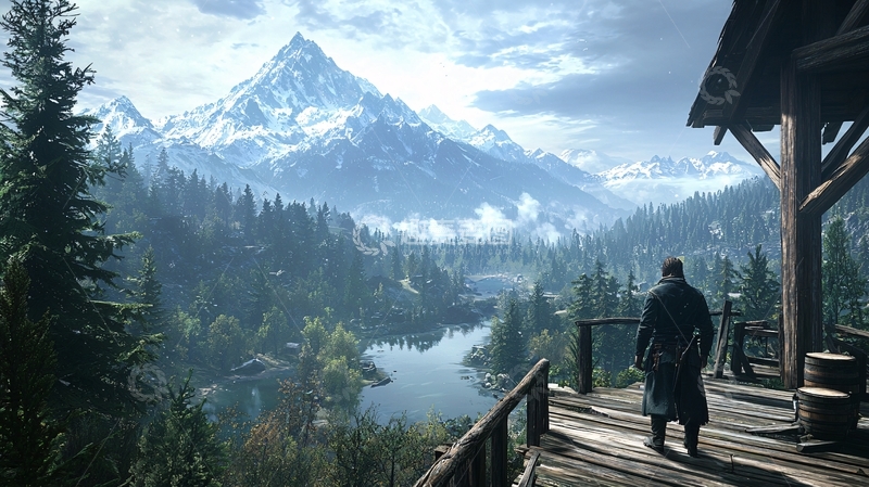 高清大图下载【趣麦麦图】雪山湖泊森林小屋的男人背影