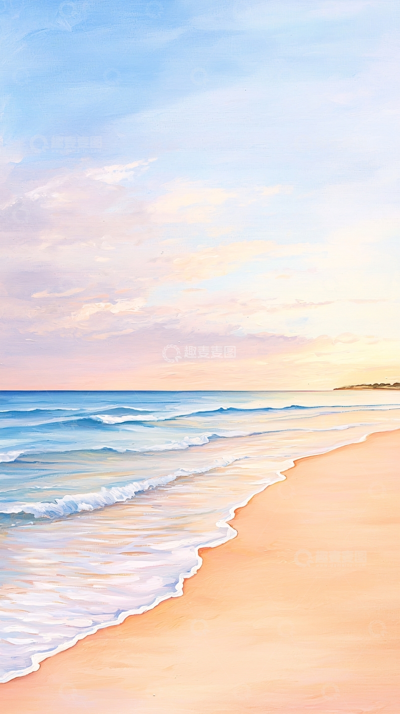 高清大图下载【趣麦麦图】宁静的海滩日出油画