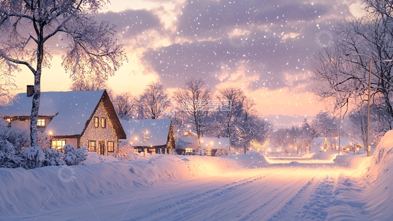 高清大图下载【趣麦麦图】冬日雪景房屋暖光