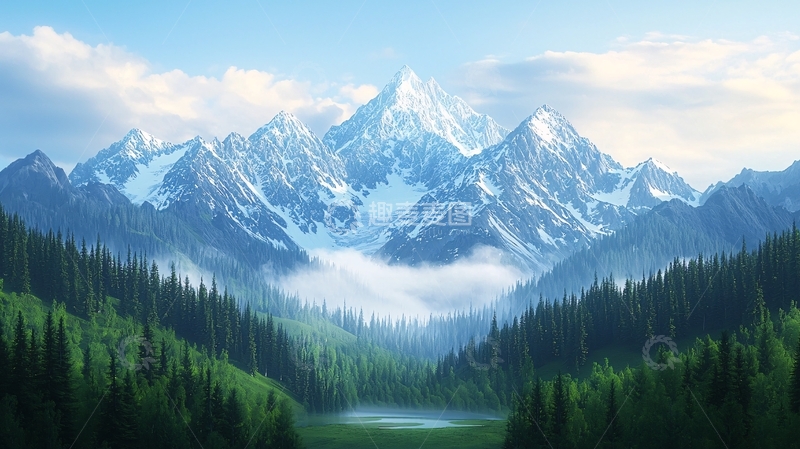 高清大图下载【趣麦麦图】雪山森林云雾缭绕的景色