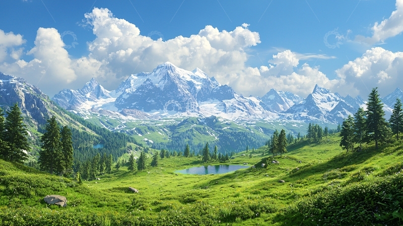 高清大图下载【趣麦麦图】青翠山谷中雪山远景