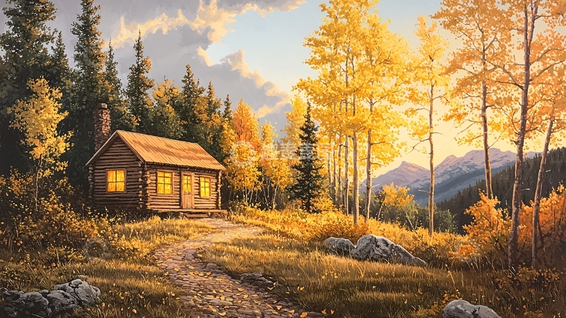 高清大图下载【趣麦麦图】秋日林中小屋温暖灯光