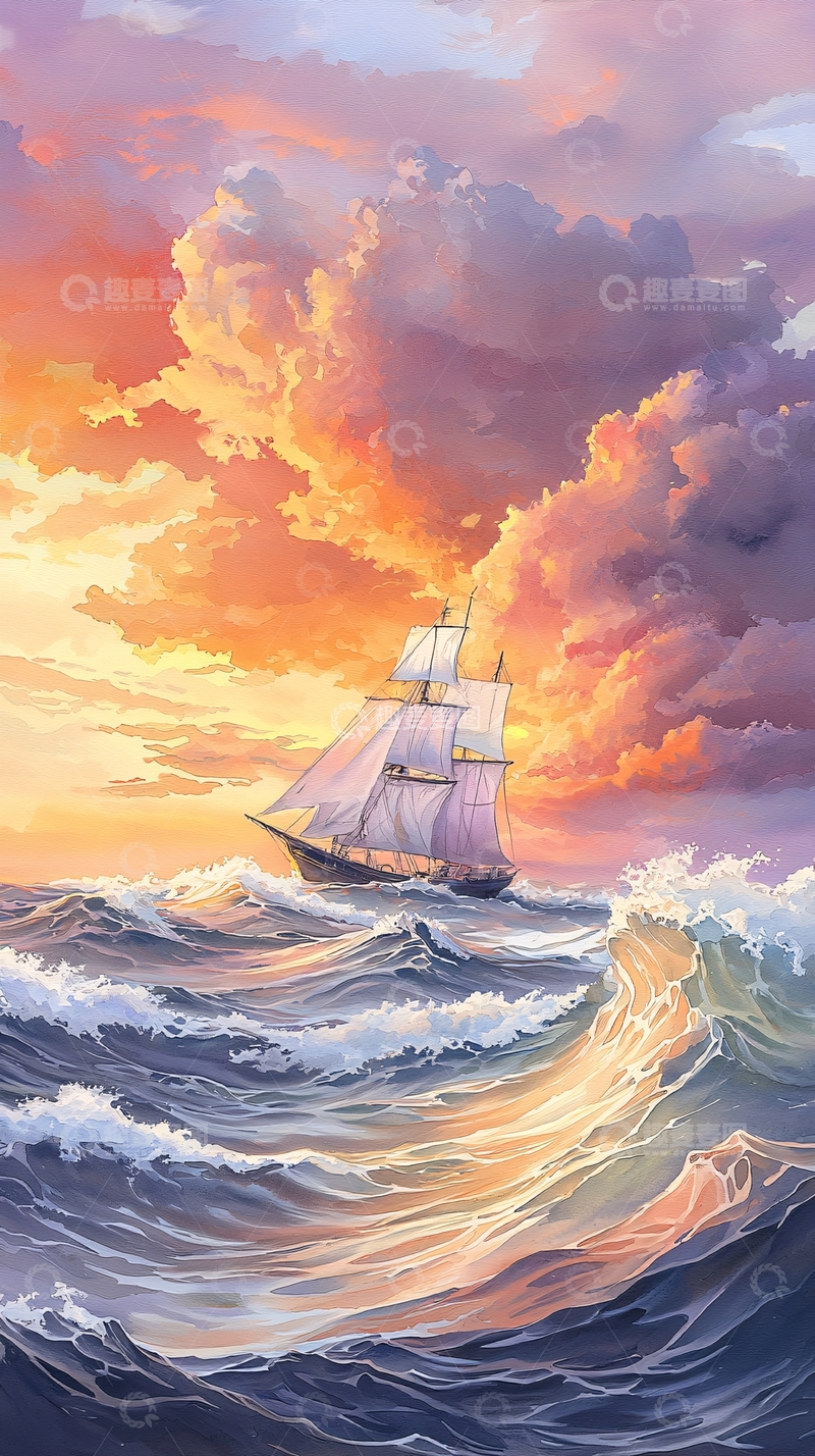 高清大图下载【趣麦麦图】夕阳下的帆船航行