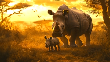 夕阳非洲草原犀牛母子生态图