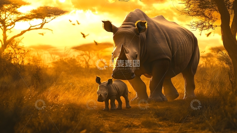 高清大图下载【趣麦麦图】夕阳非洲草原犀牛母子生态图