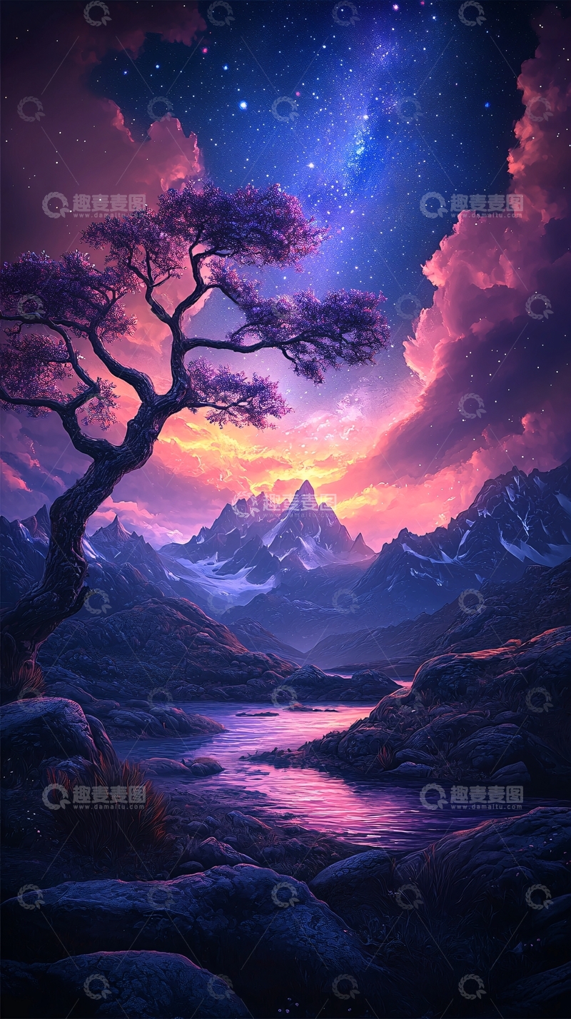 高清大图下载【趣麦麦图】紫色星空下的树和山