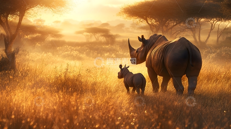高清大图下载【趣麦麦图】非洲草原夕阳犀牛亲子生态图