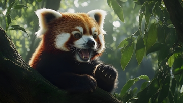 森林中活泼小熊猫生态特写图