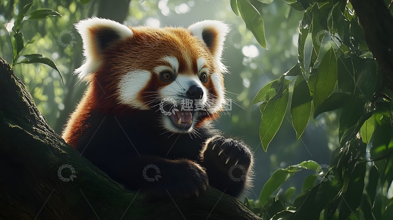 高清大图下载【趣麦麦图】森林中活泼小熊猫生态特写图