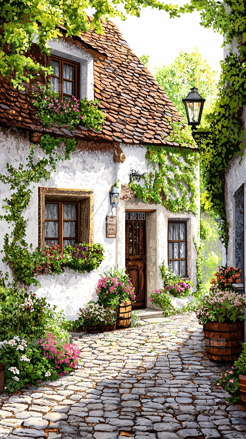 高清大图下载【趣麦麦图】爬满绿植的欧式小屋
