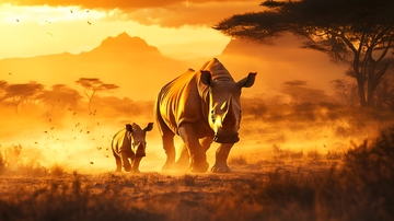 非洲草原犀牛母子生态摄影图