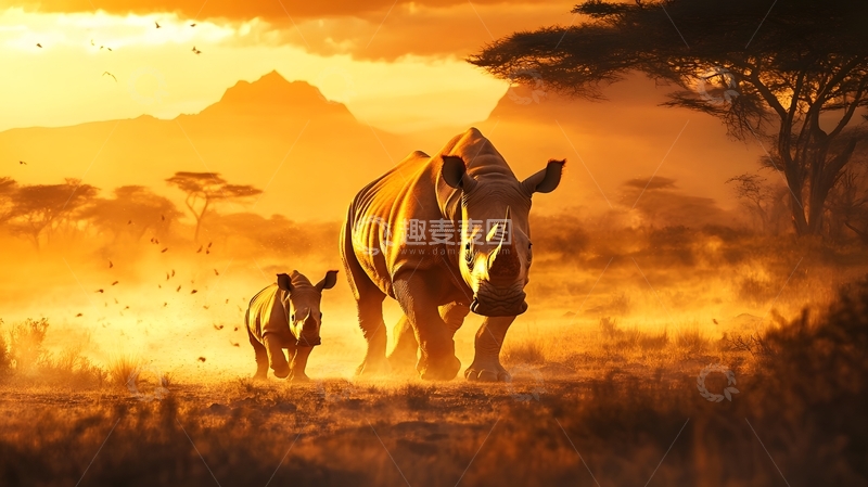 高清大图下载【趣麦麦图】非洲草原犀牛母子生态摄影图
