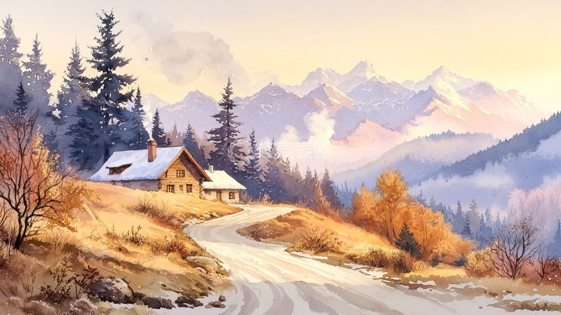 高清大图下载【趣麦麦图】山间小屋水彩画风