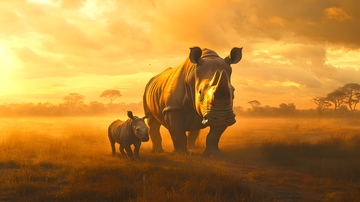 金色草原犀牛母子自然生态图