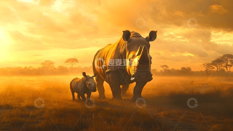高清大图下载【趣麦麦图】金色草原犀牛母子自然生态图