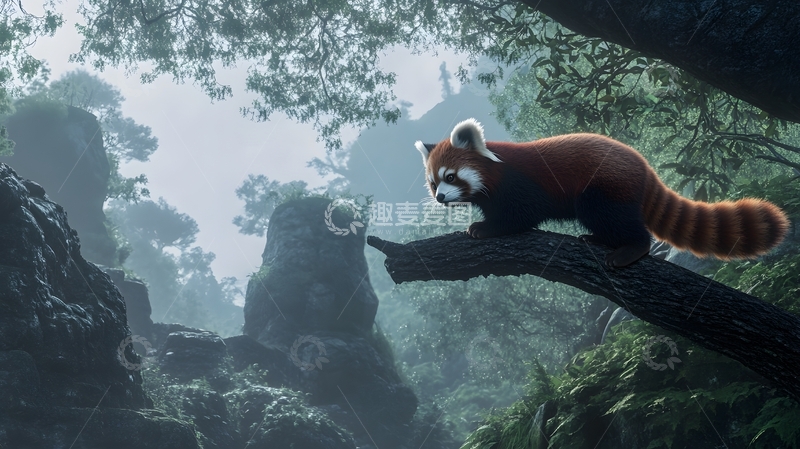 高清大图下载【趣麦麦图】山林雾中小熊猫树上生态图