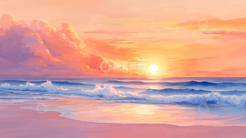 高清大图下载【趣麦麦图】粉色天空下的海景日落