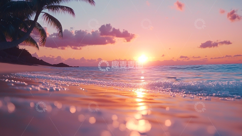 高清大图下载【趣麦麦图】海边日落粉色天空