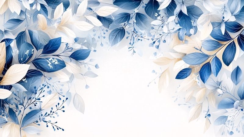 高清大图下载【趣麦麦图】蓝色白色花卉水彩背景