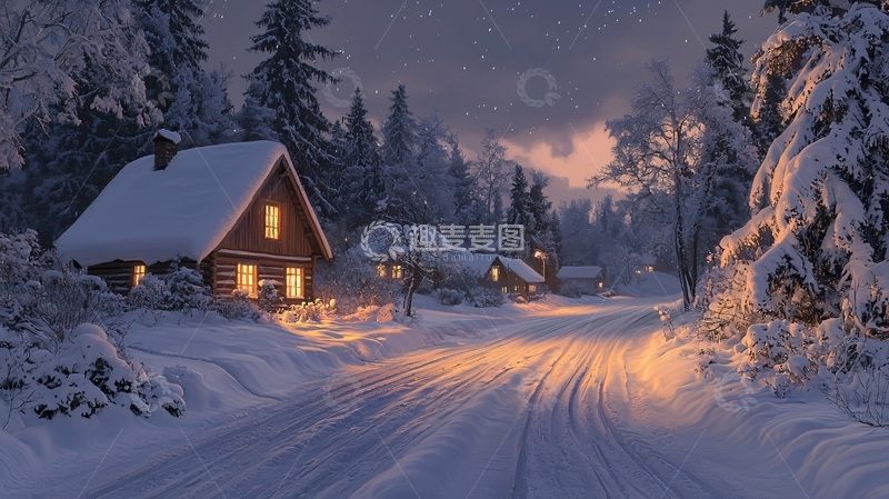 高清大图下载【趣麦麦图】雪夜森林小屋路灯温馨