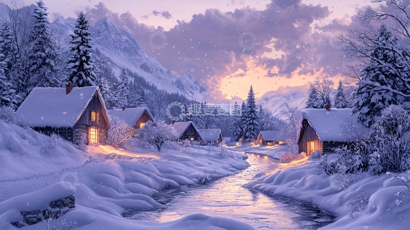 高清大图下载【趣麦麦图】雪山小屋唯美宁静冬季夜晚