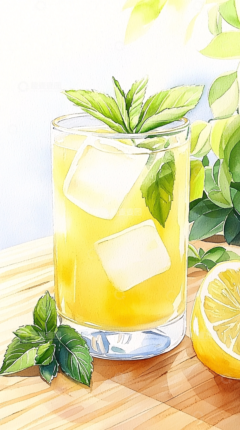 高清大图下载【趣麦麦图】柠檬冰饮水彩风格