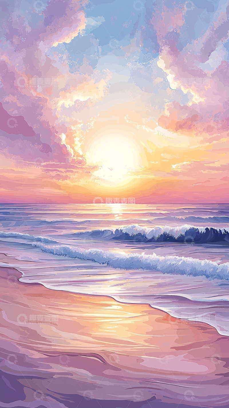 高清大图下载【趣麦麦图】粉紫色天空下的海面