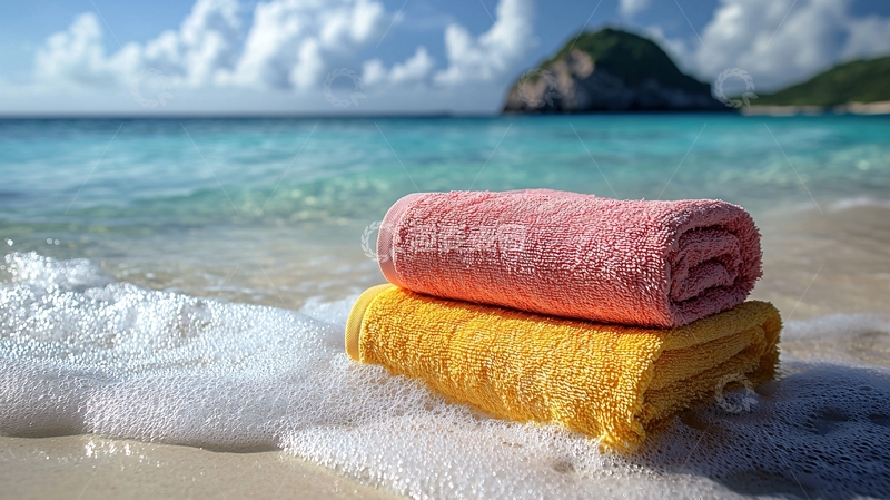 高清大图下载【趣麦麦图】海滩上的叠放毛巾