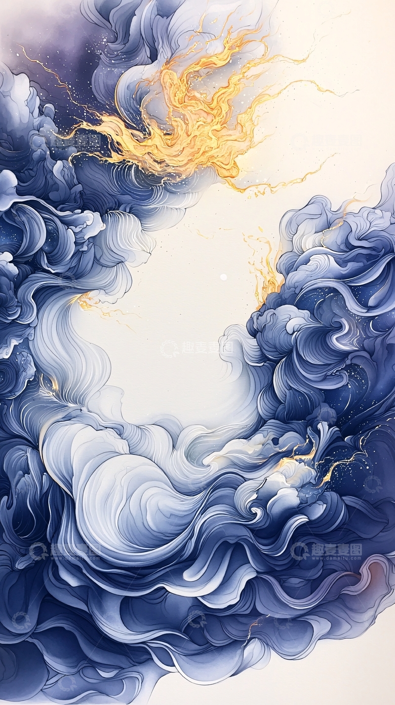 高清大图下载【趣麦麦图】蓝金色水墨晕染云雾