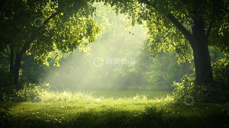 高清大图下载【趣麦麦图】阳光穿透森林的绿色草地