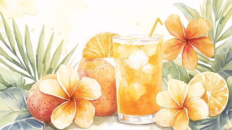高清大图下载【趣麦麦图】热带饮品静物水彩画