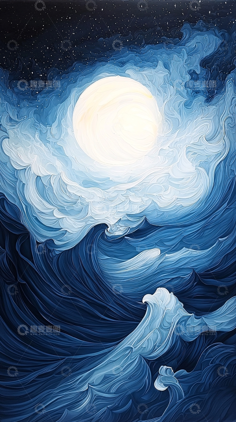高清大图下载【趣麦麦图】月光下波涛汹涌的海面