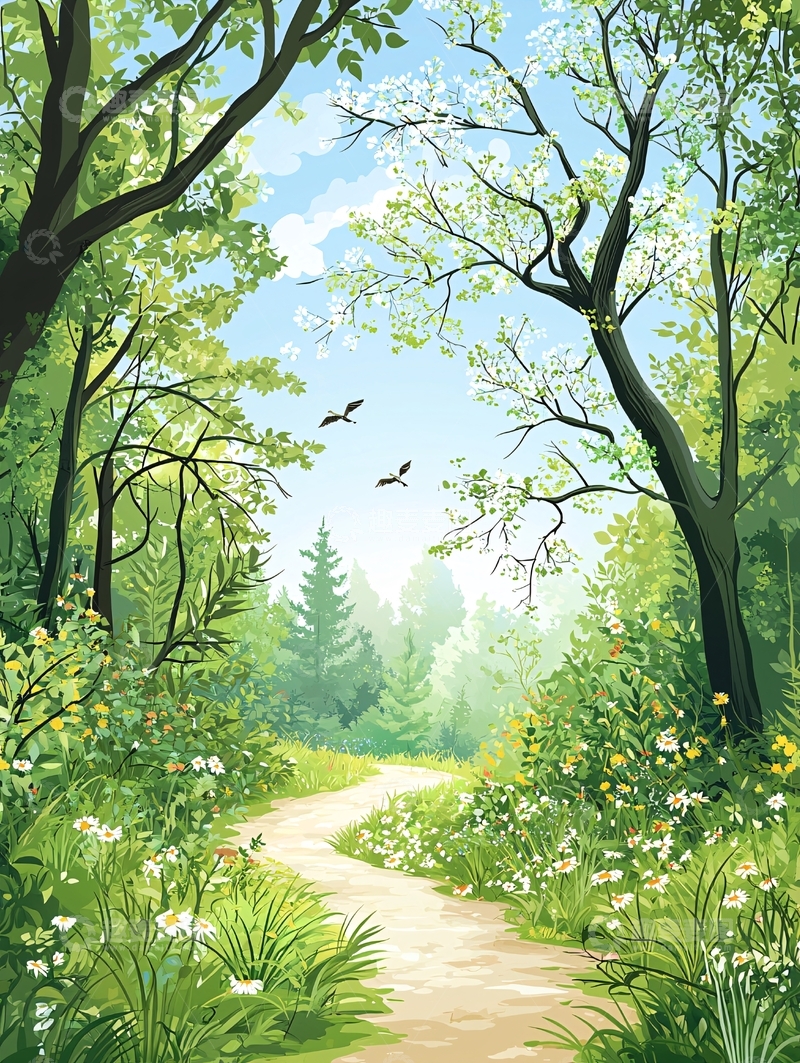 高清大图下载【趣麦麦图】森林小路鸟儿飞翔的场景
