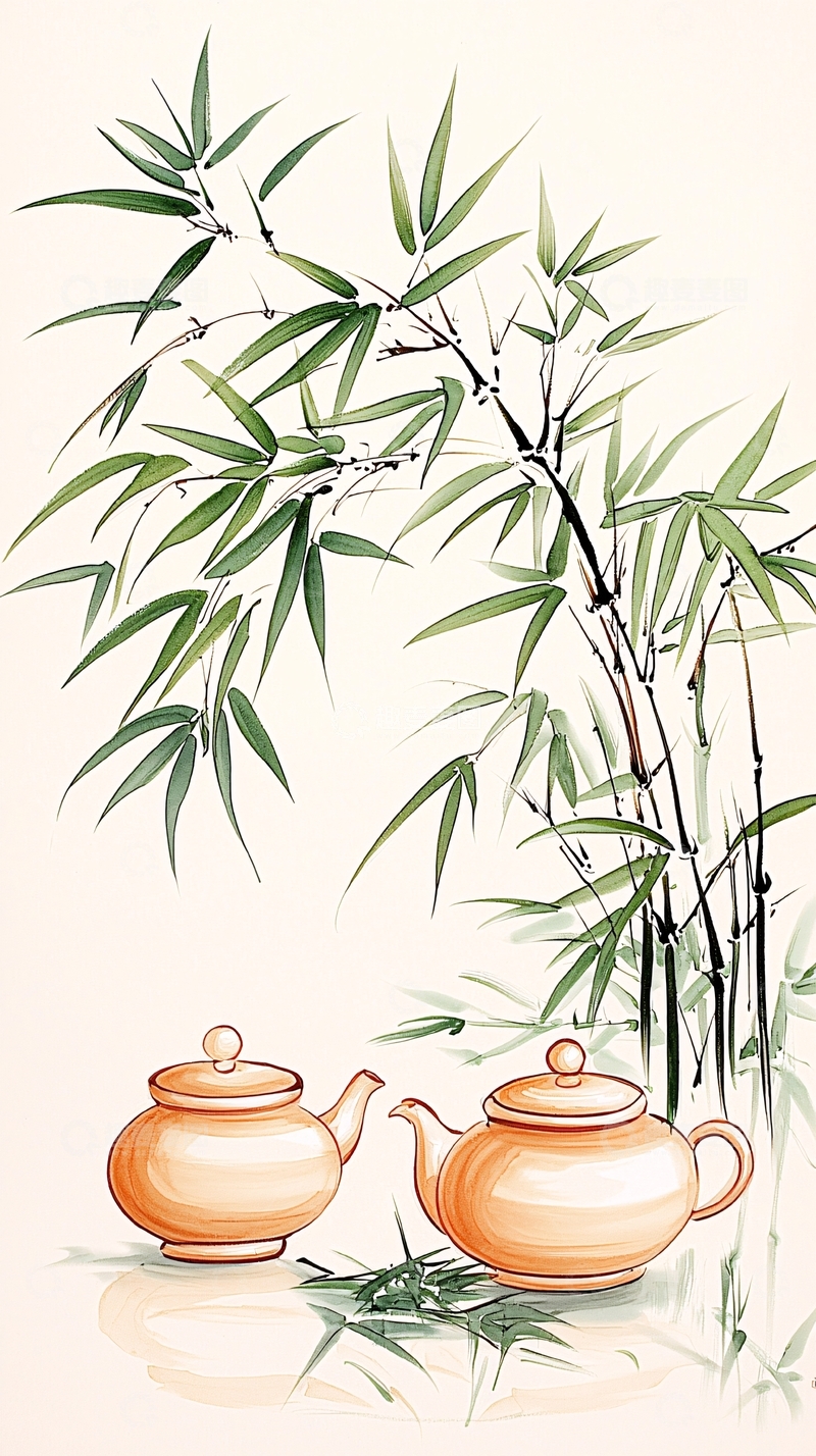 高清大图下载【趣麦麦图】茶壶竹子国风水墨画