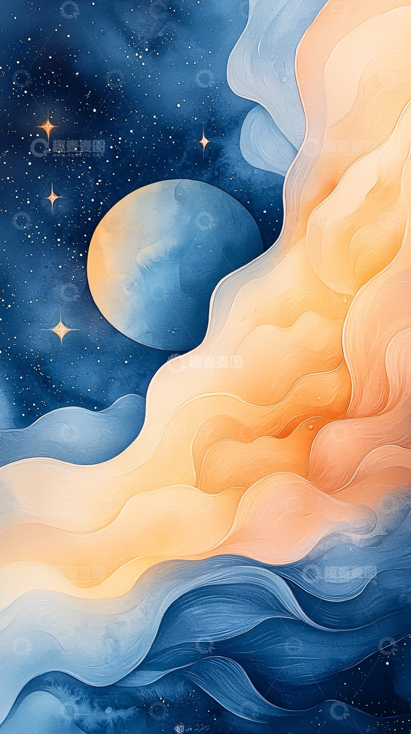 高清大图下载【趣麦麦图】水彩风星空月亮云朵梦幻