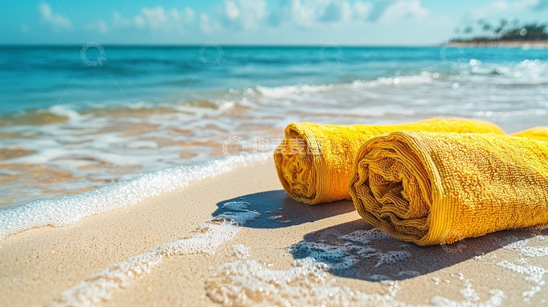 高清大图下载【趣麦麦图】金色毛巾在海滩上卷起