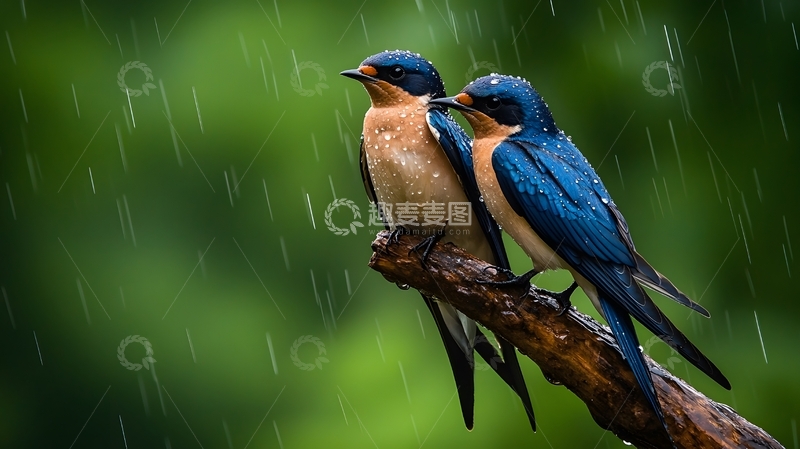 雨中依偎双燕树枝生态摄影图