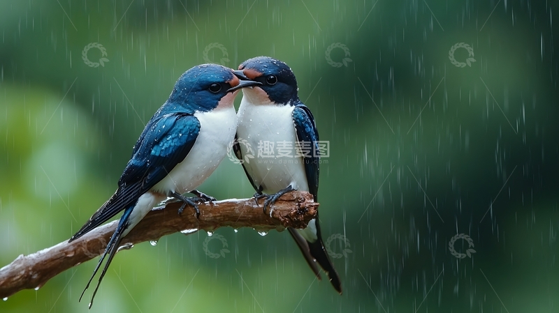 雨中亲昵双燕树枝自然生态图