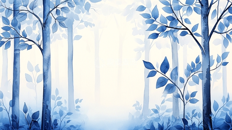 高清大图下载【趣麦麦图】蓝色水彩树林