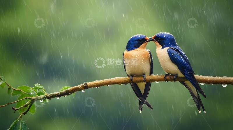 高清大图下载【趣麦麦图】雨中双燕喙碰喙浪漫生态图