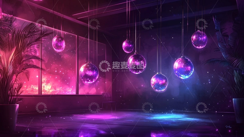 高清大图下载【趣麦麦图】紫光球体悬挂室内夜景
