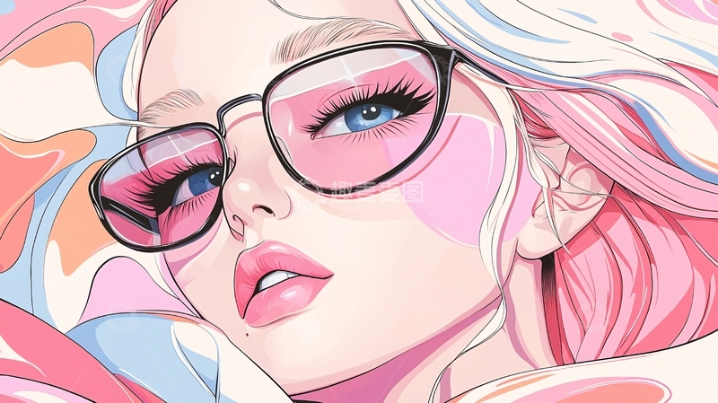 高清大图下载【趣麦麦图】粉色头发戴眼镜的女孩