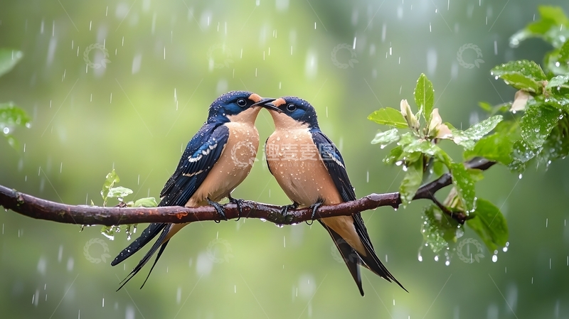 雨中新绿枝头双燕亲密生态图