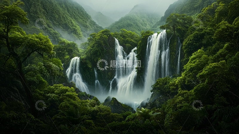 高清大图下载【趣麦麦图】茂密森林中的壮丽瀑布