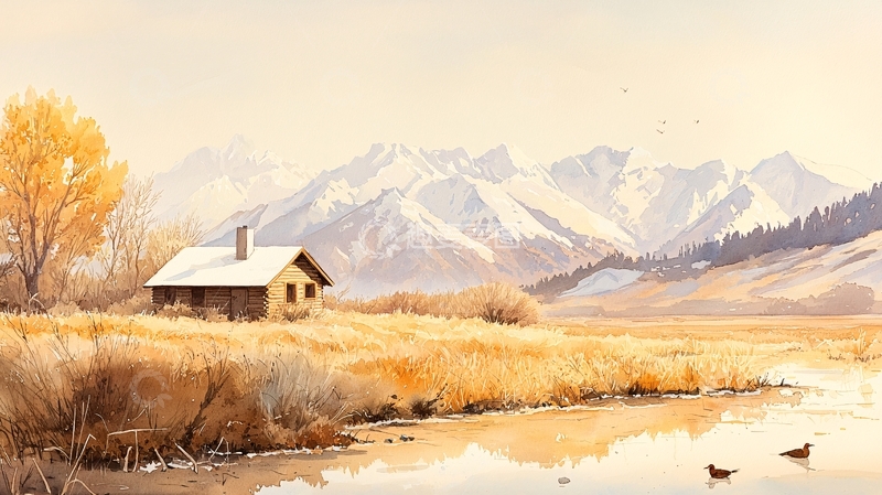 高清大图下载【趣麦麦图】秋日小屋雪山水景