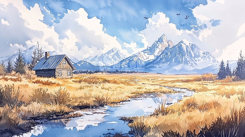 高清大图下载【趣麦麦图】水彩风格的田园小屋