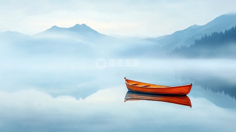 高清大图下载【趣麦麦图】水面平静的橙色小船